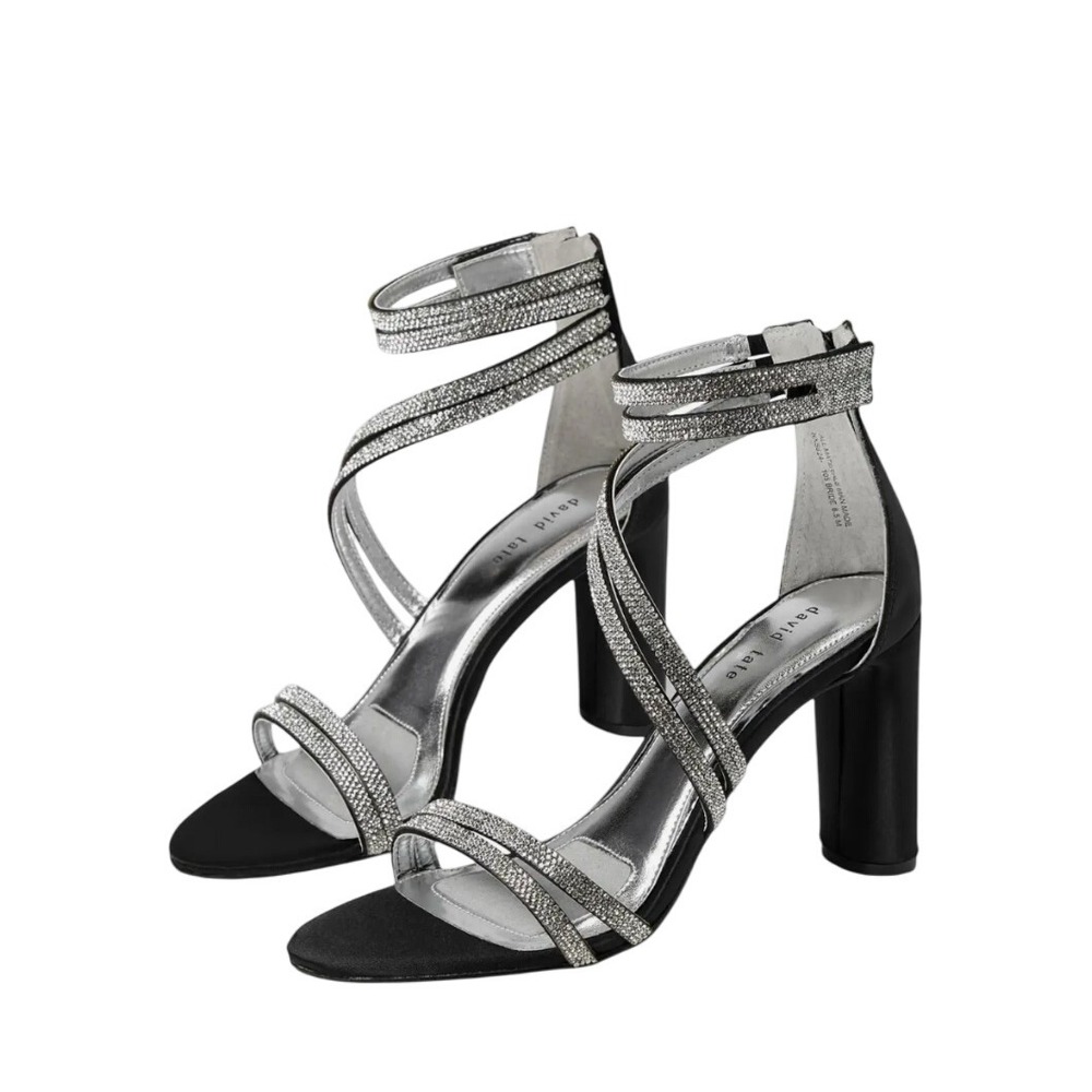 David Tate NWB Black Silver Rhinestone Embellished Ankle Strap Block‎ Heels SZ 7